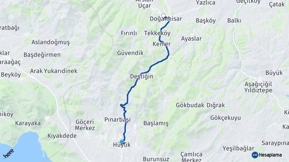 Konya Hüyük Doğanhisar Arası Kaç Km - Yol Haritası