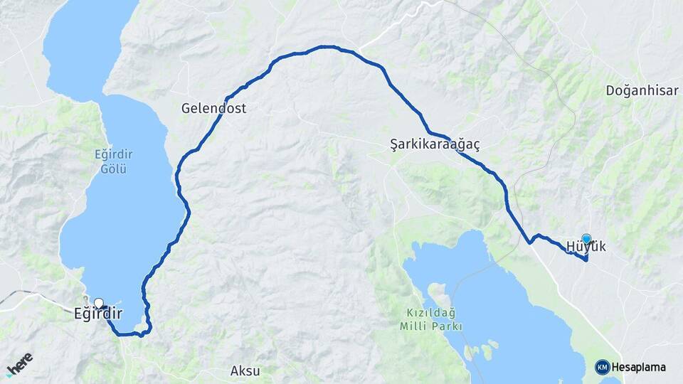 Konya Hüyük Eğirdir Isparta Arası Kaç Km - Yol Haritası