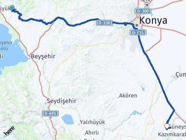 Konya Hüyük Güneysınır Arası Kaç Km - Yol Haritası