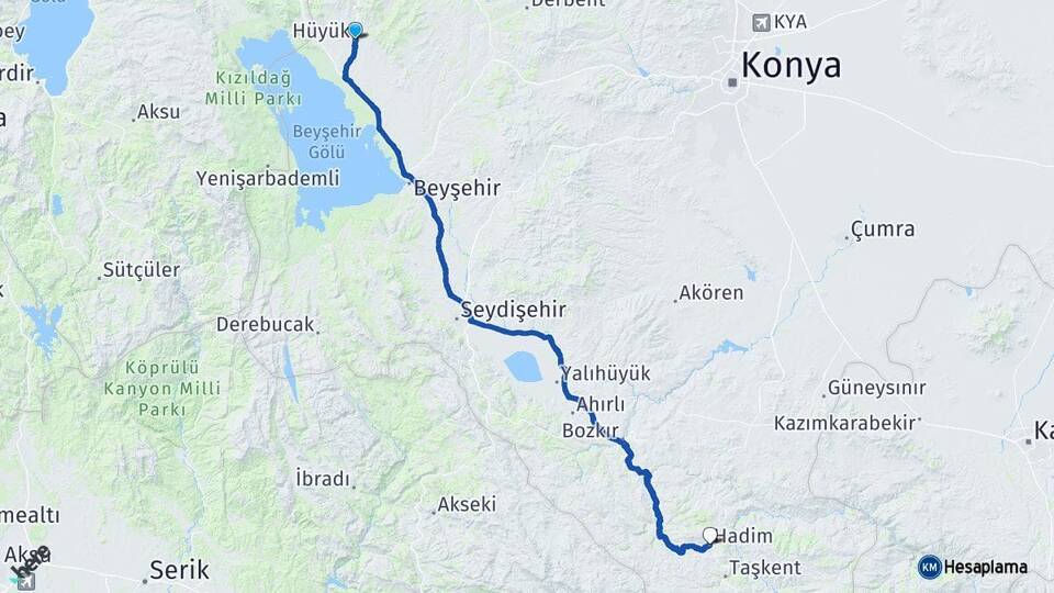 Konya Hüyük Hadim Arası Kaç Km - Yol Haritası