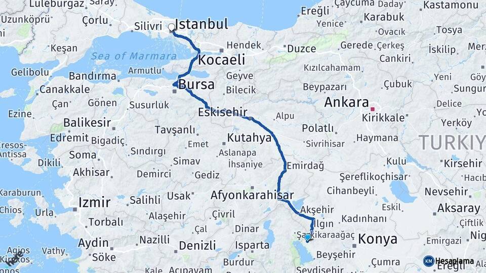 Konya Hüyük İstanbul Arası Kaç Km - Yol Haritası
