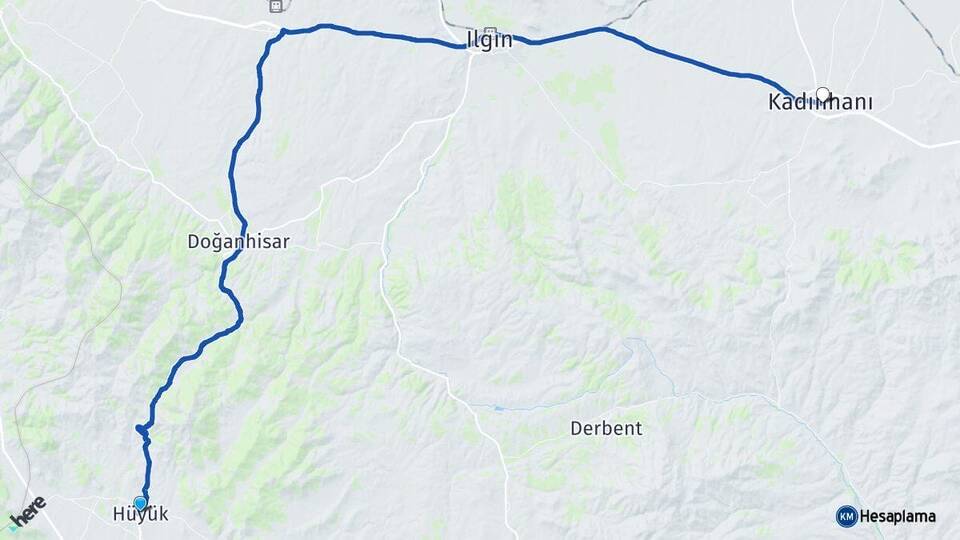 Konya Hüyük Kadınhanı Arası Kaç Km - Yol Haritası