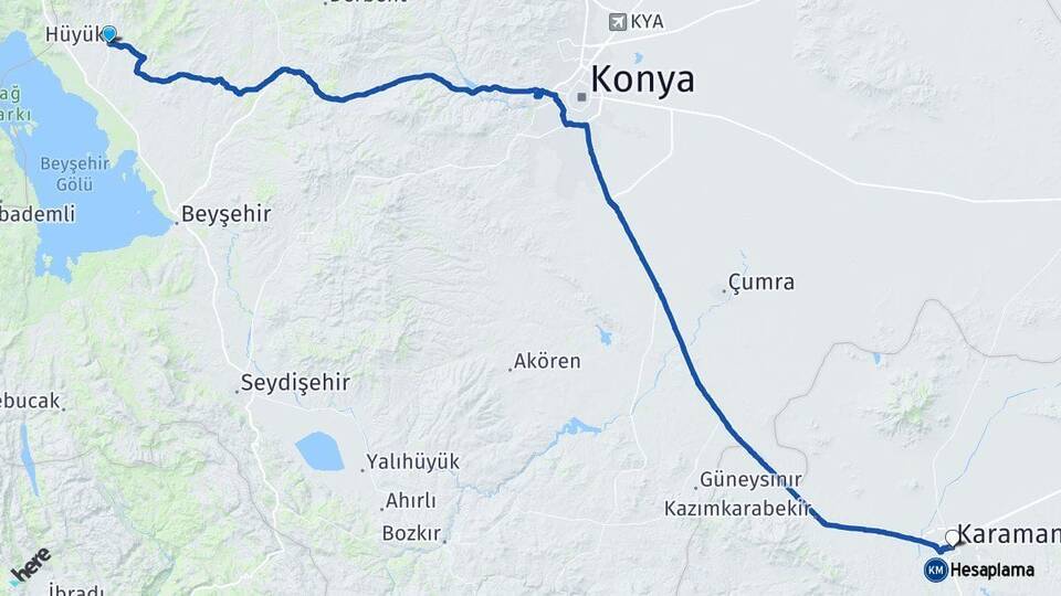 Konya Hüyük Karaman Arası Kaç Km - Yol Haritası