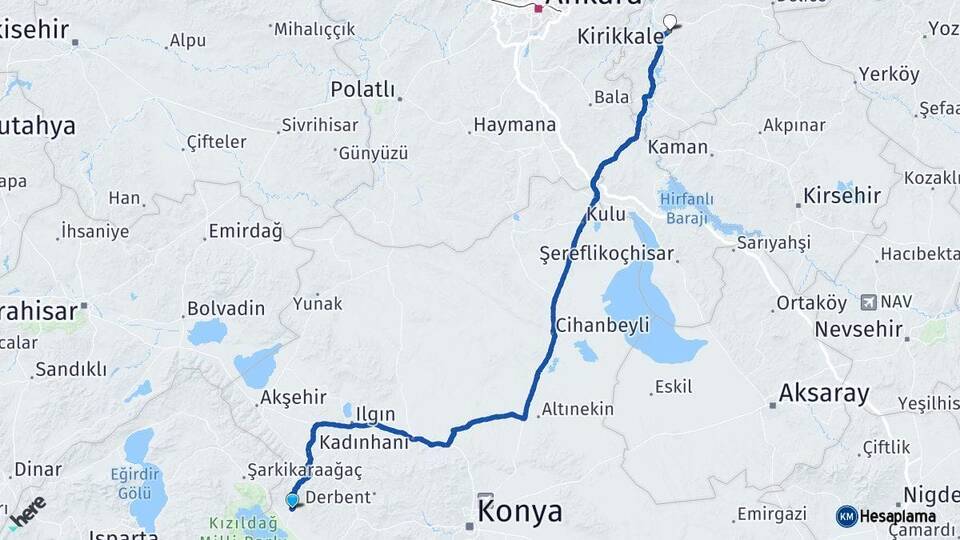 Konya Hüyük Kırıkkale Arası Kaç Km - Yol Haritası