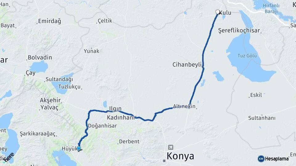 Konya Hüyük Kulu Arası Kaç Km - Yol Haritası