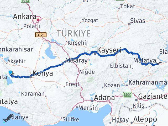 Konya Hüyük Malatya Arası Kaç Km - Yol Haritası