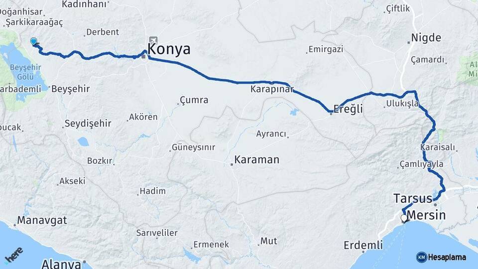 Konya Hüyük Mersin Arası Kaç Km - Yol Haritası