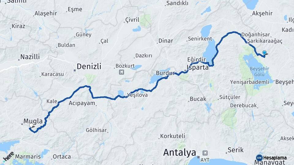 Konya Hüyük Muğla Arası Kaç Km - Yol Haritası