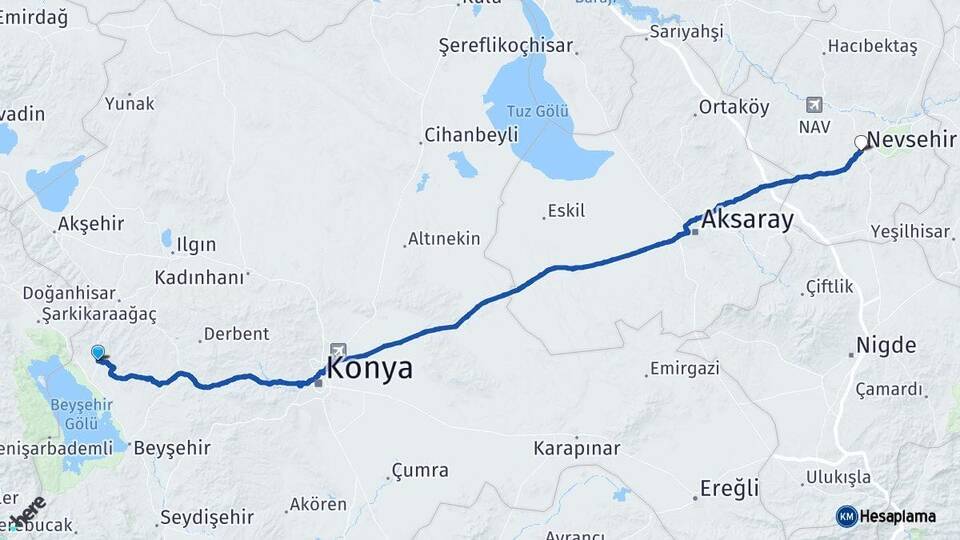 Konya Hüyük Nevşehir Arası Kaç Km - Yol Haritası