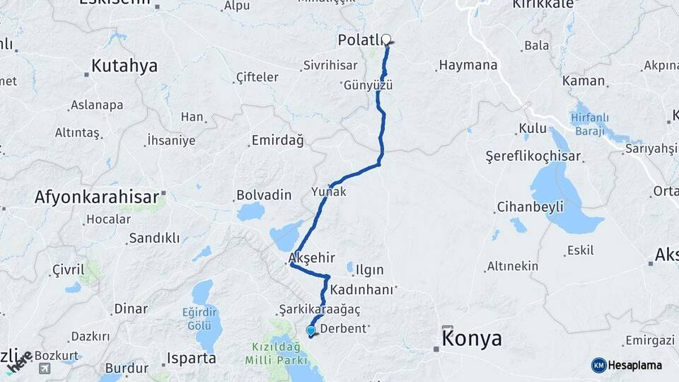Konya Hüyük Polatlı Ankara Arası Kaç Km - Yol Haritası