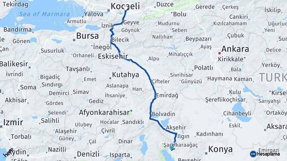 Konya Hüyük Sakarya Arası Kaç Km - Yol Haritası