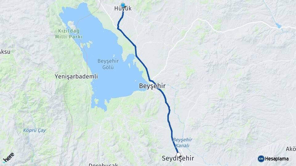 Konya Hüyük Seydişehir Arası Kaç Km - Yol Haritası