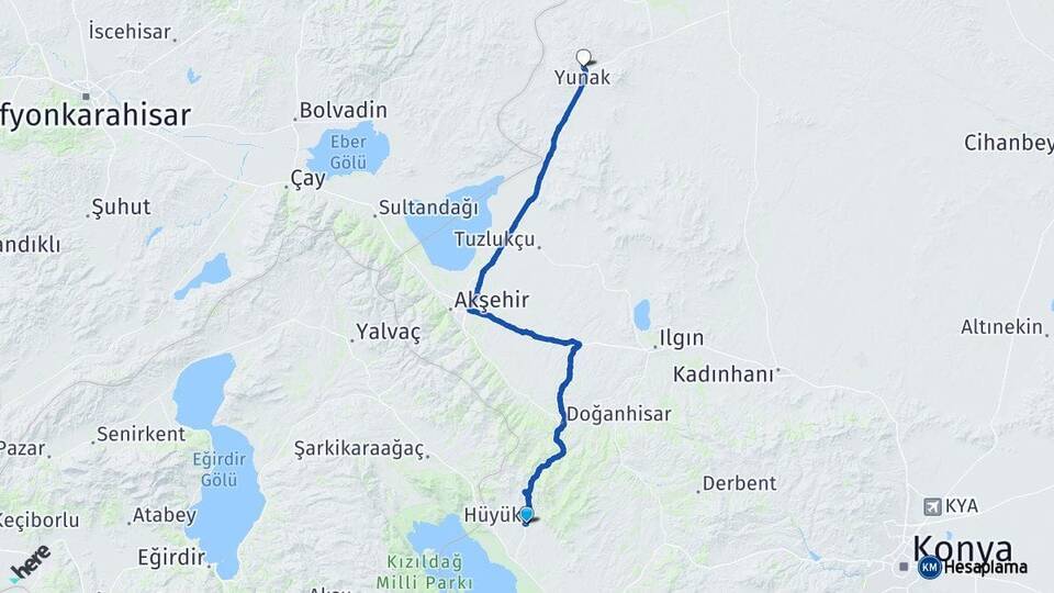 Konya Hüyük Yunak Arası Kaç Km - Yol Haritası