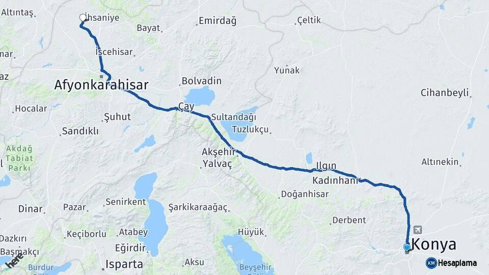 Konya İhsaniye Afyonkarahisar Arası Kaç Km - Yol Haritası