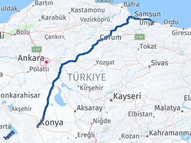 Konya İkizce Ordu Arası Kaç Km - Yol Haritası