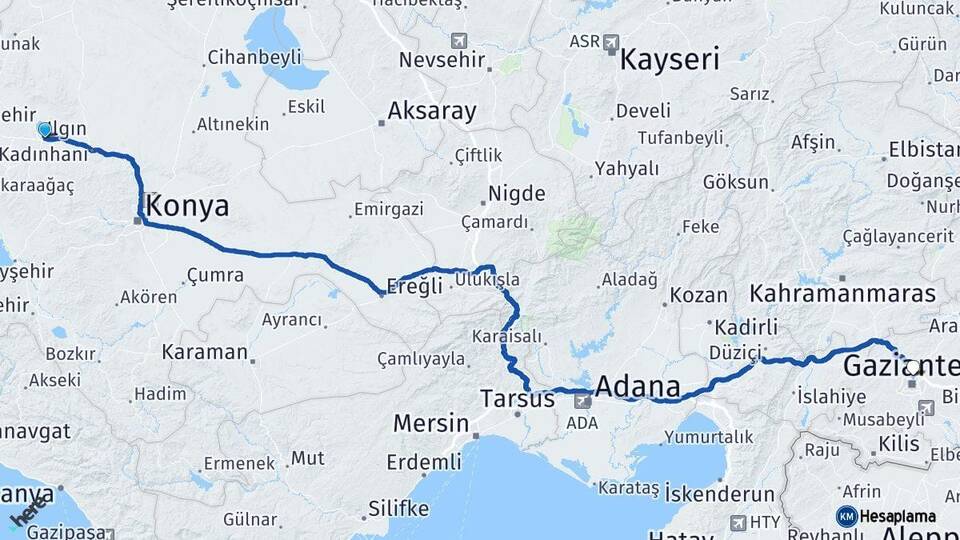 Konya Ilgın Gaziantep Arası Kaç Km - Yol Haritası