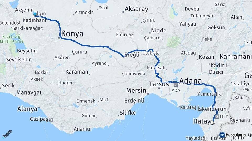 Konya Ilgın Hatay Arası Kaç Km - Yol Haritası
