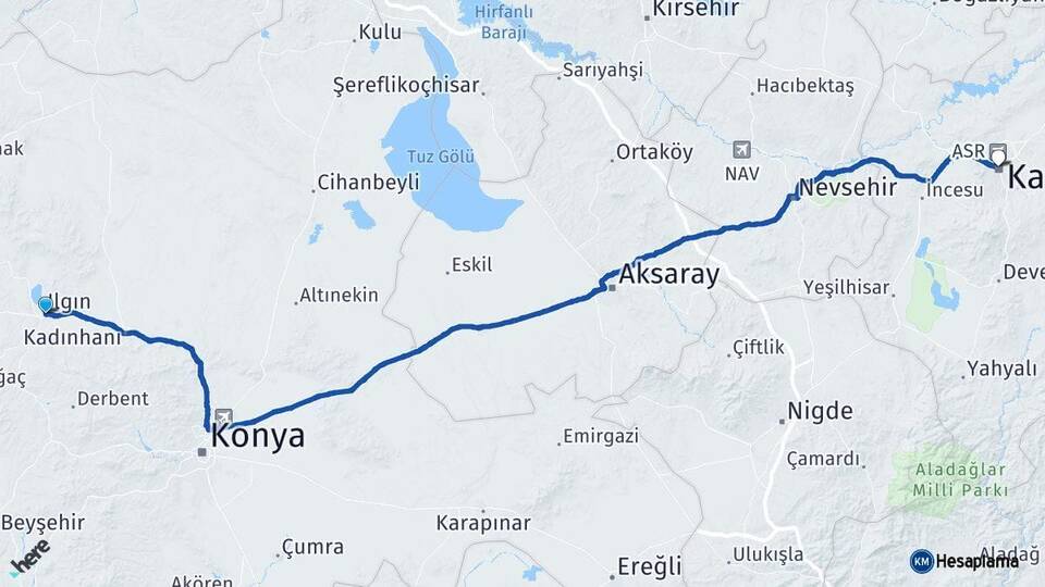 Konya Ilgın Kayseri Arası Kaç Km - Yol Haritası