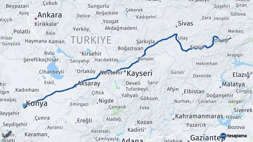 Konya İliç Erzincan Arası Kaç Km - Yol Haritası