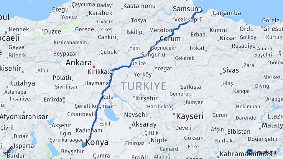Konya İlkadım Samsun Arası Kaç Km - Yol Haritası