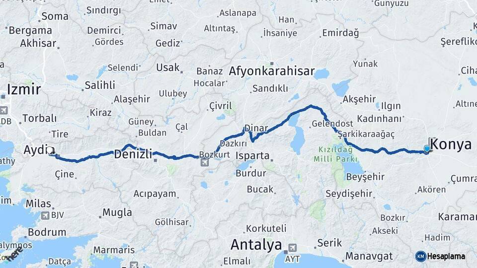 Konya İncirliova Aydın Arası Kaç Km - Yol Haritası