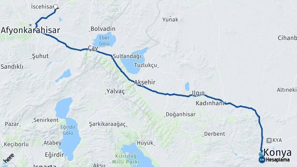Konya İscehisar Afyonkarahisar Arası Kaç Km - Yol Haritası