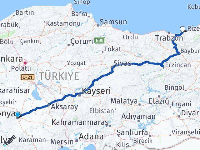 Konya İyidere Rize Arası Kaç Km - Yol Haritası