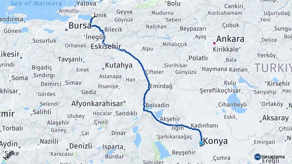 Konya İznik Bursa Arası Kaç Km - Yol Haritası
