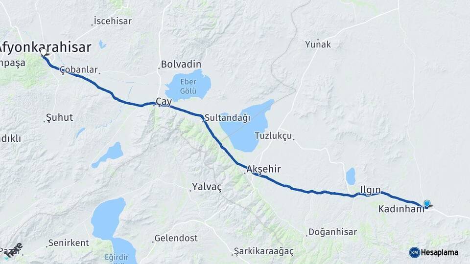 Konya Kadınhanı Afyonkarahisar Arası Kaç Km - Yol Haritası