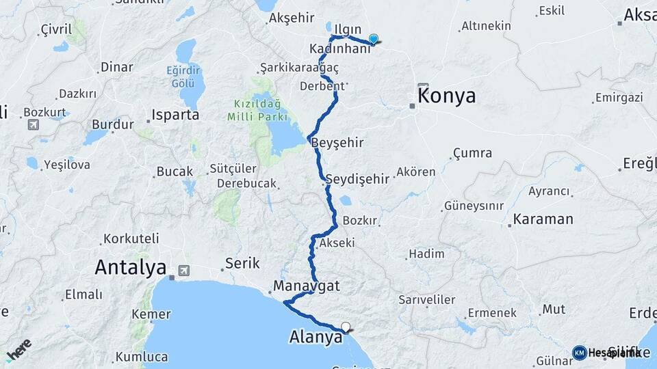 Konya Kadınhanı Alanya Antalya Arası Kaç Km - Yol Haritası