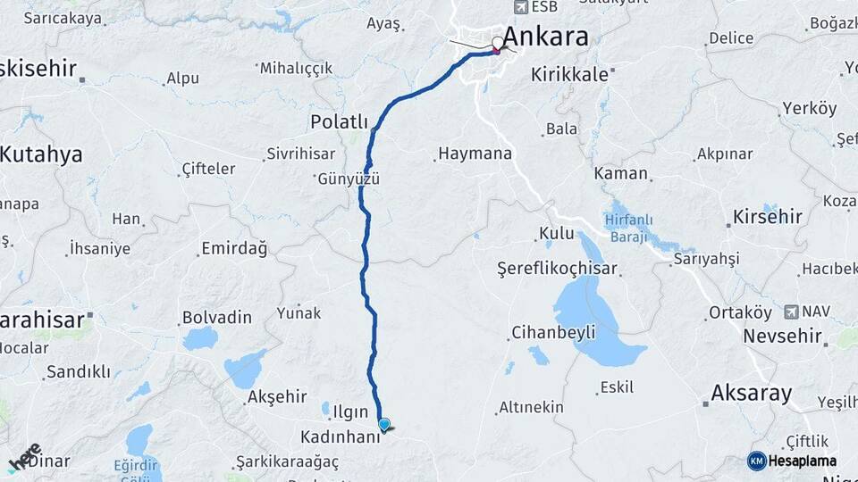 Konya Kadınhanı Ankara Arası Kaç Km - Yol Haritası