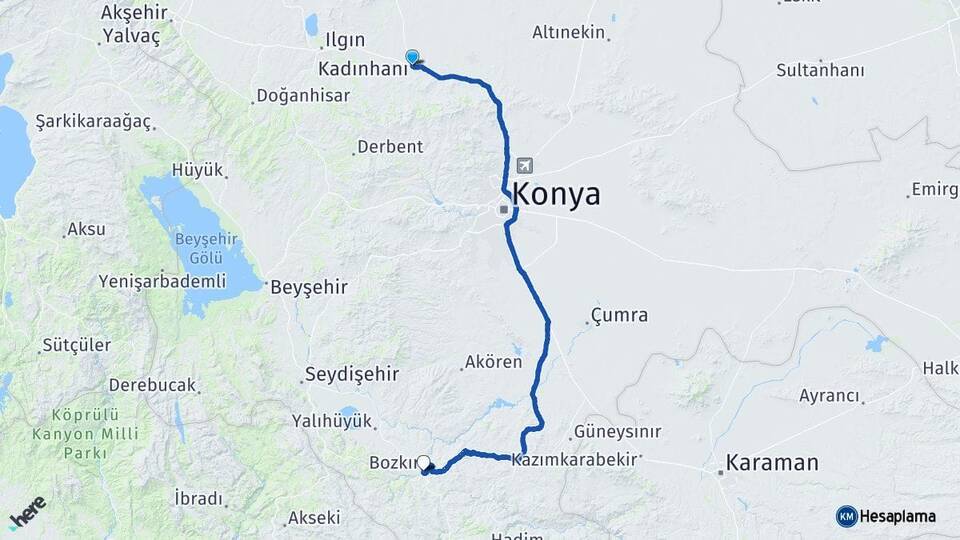 Konya Kadınhanı Bozkır Arası Kaç Km - Yol Haritası
