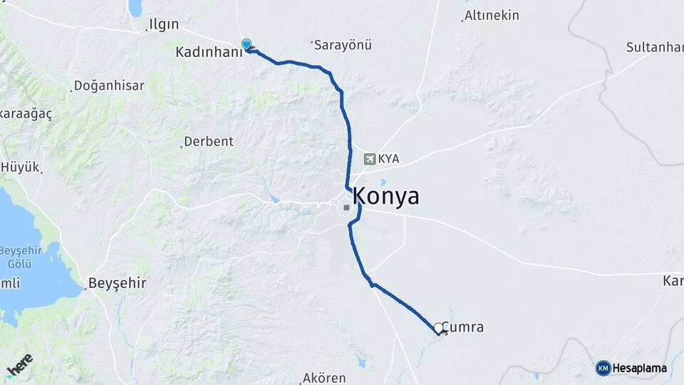 Konya Kadınhanı Çumra Arası Kaç Km - Yol Haritası