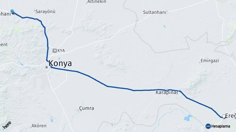 Konya Kadınhanı Ereğli Arası Kaç Km - Yol Haritası