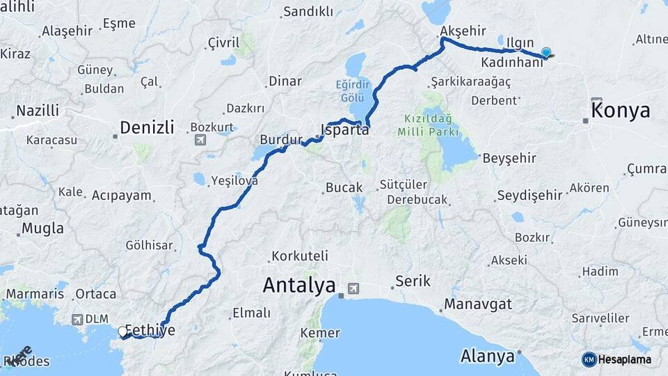 Konya Kadınhanı Fethiye Muğla Arası Kaç Km - Yol Haritası