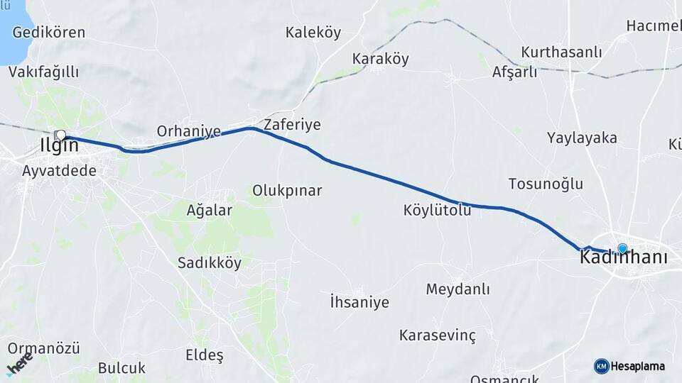 Konya Kadınhanı Ilgın Arası Kaç Km - Yol Haritası