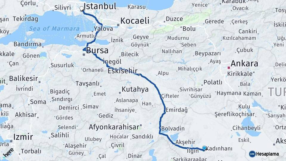 Konya Kadınhanı İstanbul Arası Kaç Km - Yol Haritası