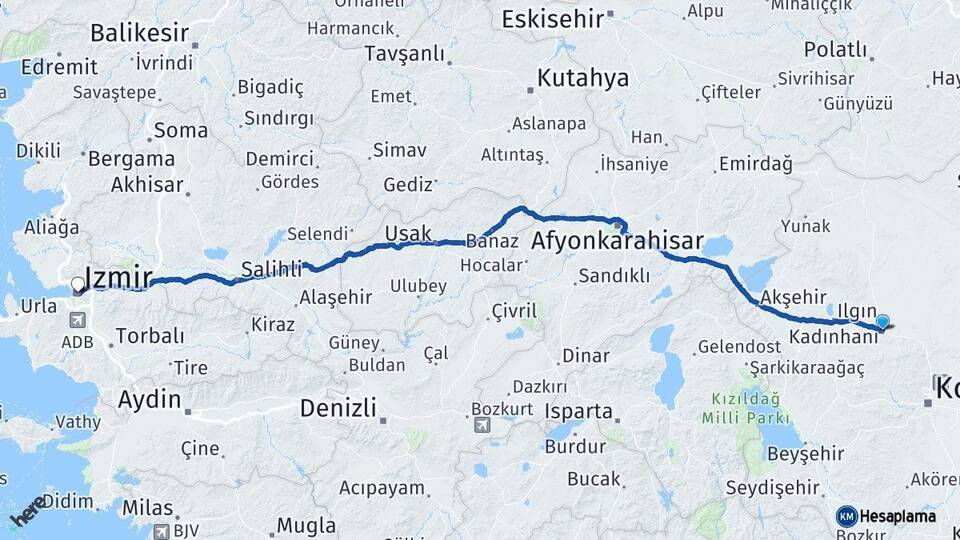 Konya Kadınhanı İzmir Arası Kaç Km - Yol Haritası