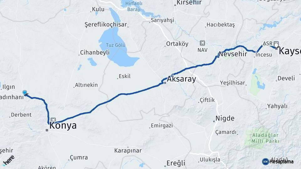 Konya Kadınhanı Kayseri Arası Kaç Km - Yol Haritası