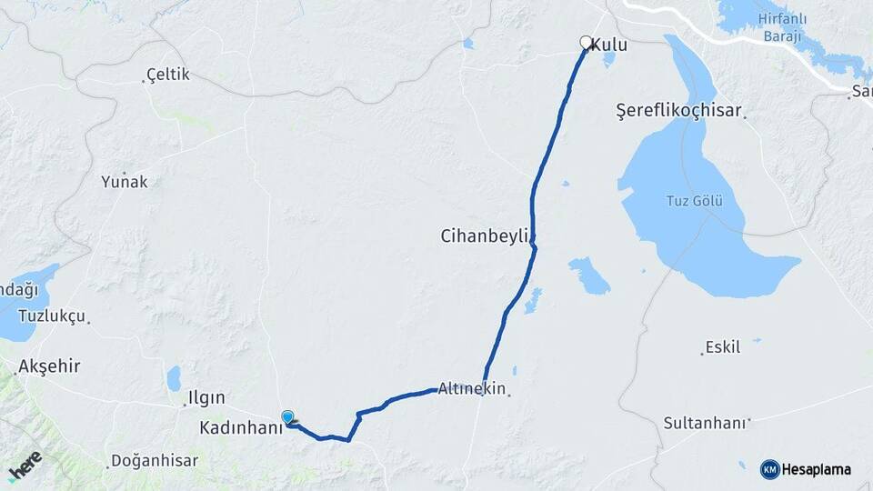 Konya Kadınhanı Kulu Arası Kaç Km - Yol Haritası