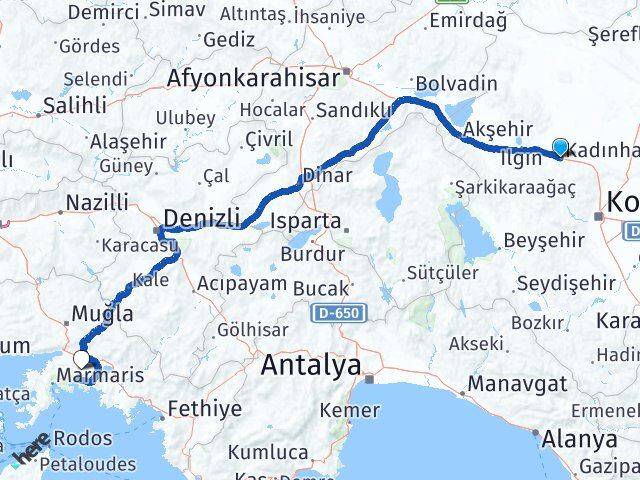 Konya Kadınhanı Muğla Arası Kaç Km - Yol Haritası