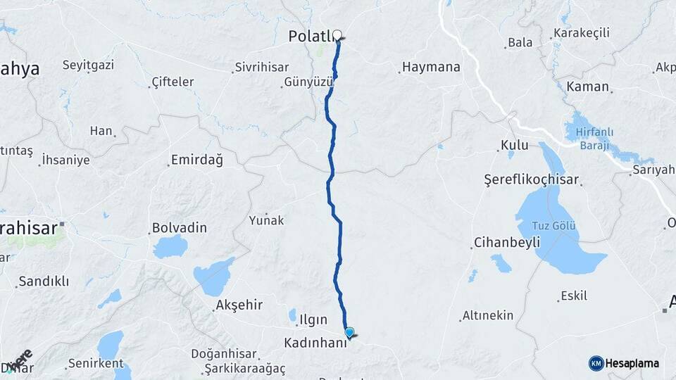 Konya Kadınhanı Polatlı Ankara Arası Kaç Km - Yol Haritası