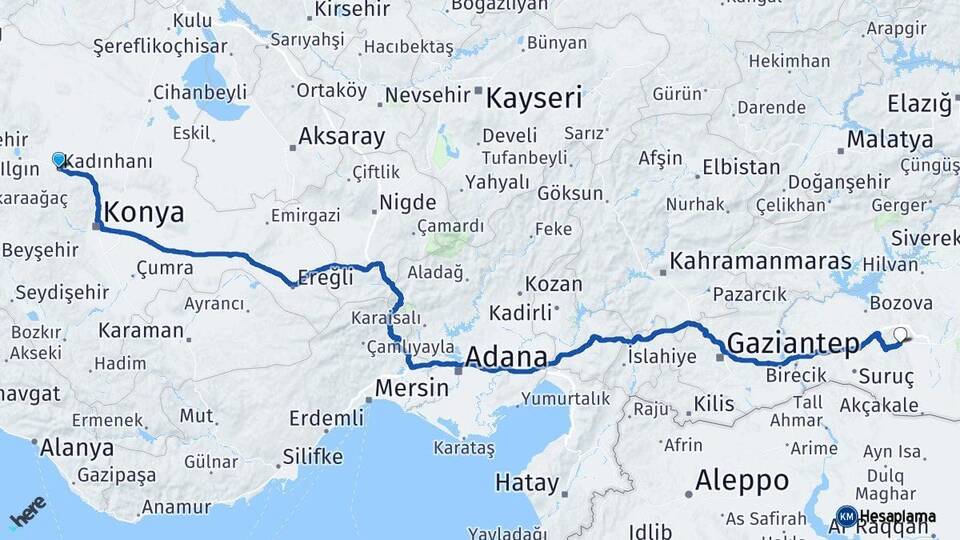 Konya Kadınhanı Şanlıurfa Arası Kaç Km - Yol Haritası