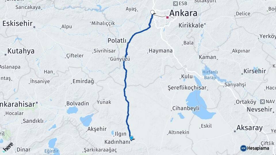 Konya Kadınhanı Sincan Ankara Arası Kaç Km - Yol Haritası