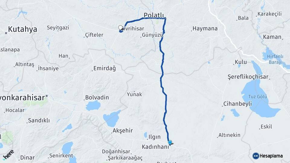 Konya Kadınhanı Sivrihisar Eskişehir Arası Kaç Km - Yol Haritası