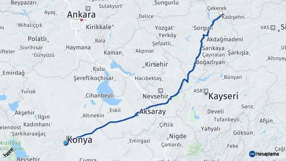 Konya Kadışehri Yozgat Arası Kaç Km - Yol Haritası
