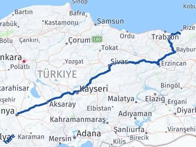 Konya Kalkandere Rize Arası Kaç Km - Yol Haritası