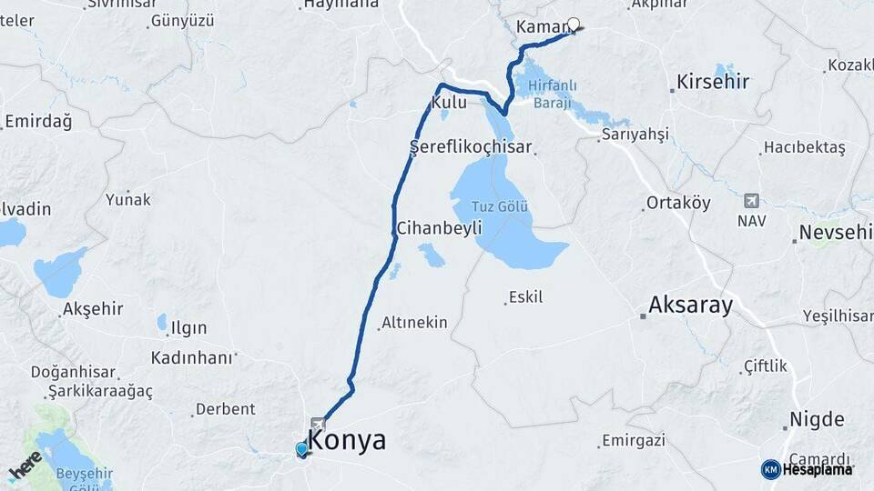Konya Kaman Kırşehir Arası Kaç Km - Yol Haritası