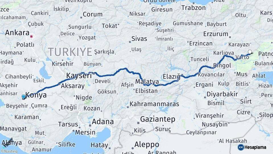 Konya Karaçoban Erzurum Arası Kaç Km - Yol Haritası
