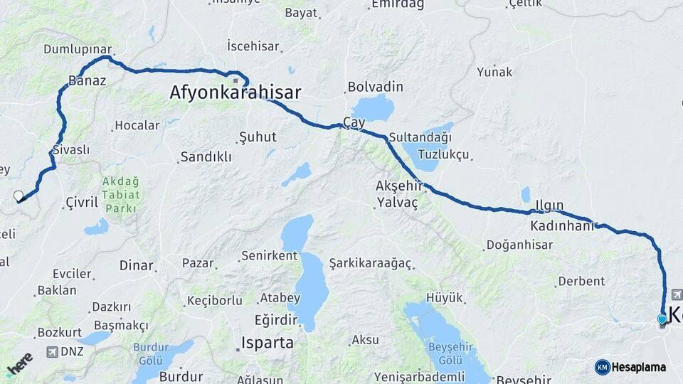Konya Karahallı Uşak Arası Kaç Km - Yol Haritası